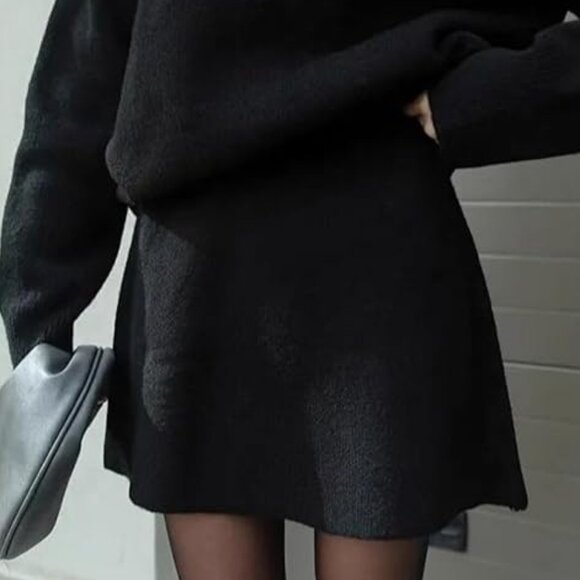 Black Ribbed Fall Skirt Set  Ribbed Sweater and Mini Skirt L - Picture 4 of 15